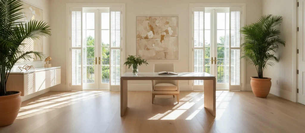 Sunlit luxury home office with a minimalist wood desk, large potted palm plants, and white plantation shutters covering French doors.