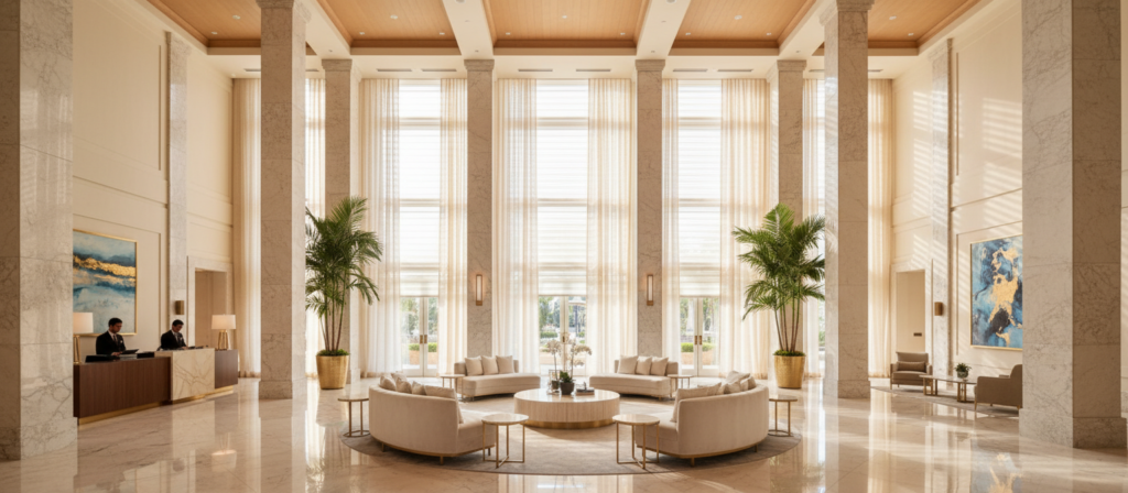 Massive luxury hotel lobby with tall marble columns and double-height floor-to-ceiling sheer drapes framing large windows above a central seating area.