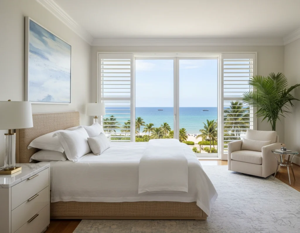 Modern oceanfront bedroom featuring a plush king-size bed, white sliding plantation shutters framed around a large window with ocean views, and a cozy reading armchair.