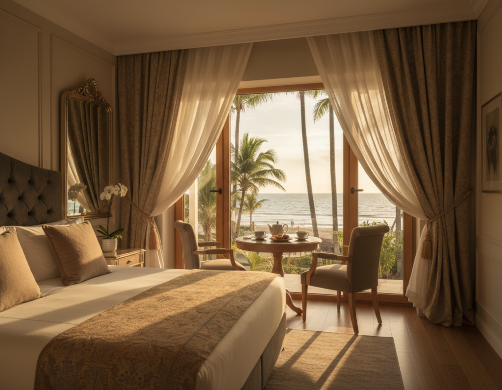 Elegant oceanfront resort bedroom with floor-to-ceiling silk drapes tied back, opening to a private balcony with tea seating over the ocean.